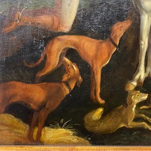 Vlaamse School naar Albrecht Dürer, 16/17e eeuw, olie op paneel: De bekering van de H. Eustachius of Hubertus — foto 33