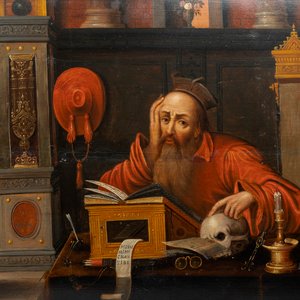 Vlaamse school, navolger van Joos van Cleve (ca. 1485-1540), olie op paneel, 16/17e eeuw: Hiëronymus in zijn studiekamer — foto 1