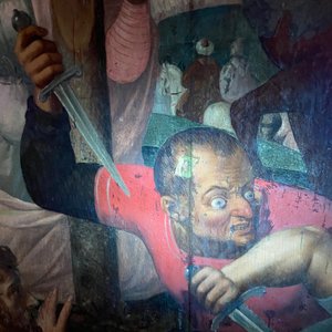 Vlaamse school: Romeinse soldaten vechten hun dobbelspel uit voor Christus aan het kruis, olie op paneel, 1e helft 16e eeuw — foto 18