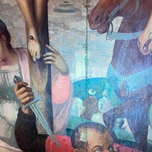 Vlaamse school: Romeinse soldaten vechten hun dobbelspel uit voor Christus aan het kruis, olie op paneel, 1e helft 16e eeuw — foto 19