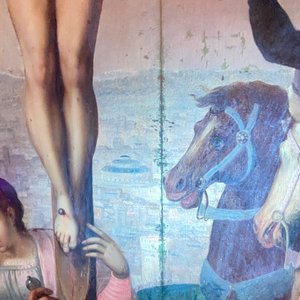 Vlaamse school: Romeinse soldaten vechten hun dobbelspel uit voor Christus aan het kruis, olie op paneel, 1e helft 16e eeuw — foto 20