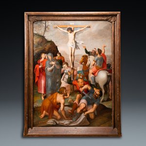 Vlaamse school: Romeinse soldaten vechten hun dobbelspel uit voor Christus aan het kruis, olie op paneel, 1e helft 16e eeuw — foto 2