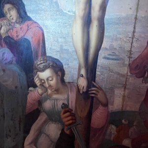 Vlaamse school: Romeinse soldaten vechten hun dobbelspel uit voor Christus aan het kruis, olie op paneel, 1e helft 16e eeuw — foto 25