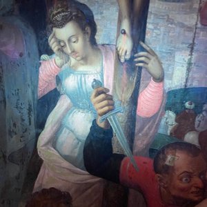 Vlaamse school: Romeinse soldaten vechten hun dobbelspel uit voor Christus aan het kruis, olie op paneel, 1e helft 16e eeuw — foto 26