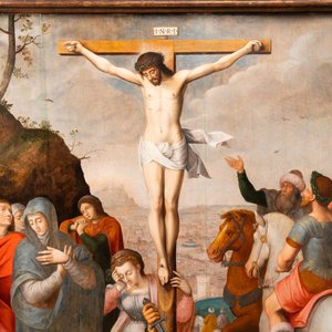 Vlaamse school: Romeinse soldaten vechten hun dobbelspel uit voor Christus aan het kruis, olie op paneel, 1e helft 16e eeuw — foto 4