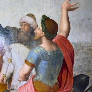 Vlaamse school: Romeinse soldaten vechten hun dobbelspel uit voor Christus aan het kruis, olie op paneel, 1e helft 16e eeuw — foto 44