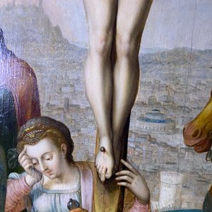 Vlaamse school: Romeinse soldaten vechten hun dobbelspel uit voor Christus aan het kruis, olie op paneel, 1e helft 16e eeuw — foto 56