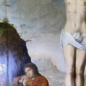 Vlaamse school: Romeinse soldaten vechten hun dobbelspel uit voor Christus aan het kruis, olie op paneel, 1e helft 16e eeuw — foto 65