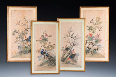 Wang Chengxun 王承勳 (19/20e eeuw): 'Vier werken met vogels, inkt en kleur op zijde, Republiek