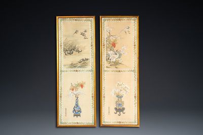 Wang Chengxun 王承勳 (19/20ème): 'Oiseaux et vases fleuris', encre et couleurs sur soie, République