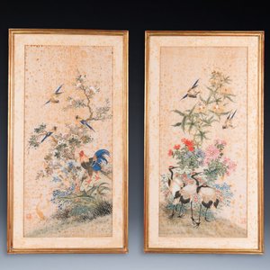 Wang Chengxun 王承勳 (19/20ème): 'Quatre oeuvres aux oiseaux', encre et couleurs sur soie, République — photo 7