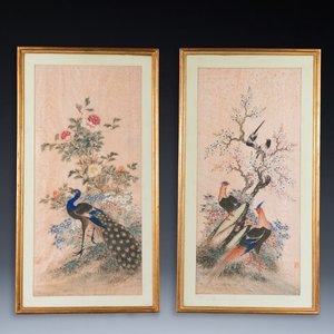 Wang Chengxun 王承勳 (19/20ème): 'Quatre oeuvres aux oiseaux', encre et couleurs sur soie, République — photo 8