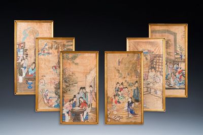 Wang Chengxun 王承勳 (19/20ème): 'Six oeuvres romantiques sur la vie dans la Chine ancienne', encre et couleurs sur soie