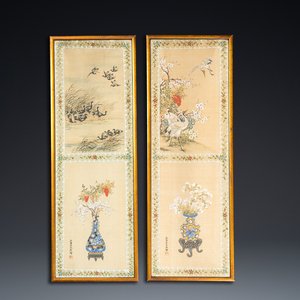 Wang Chengxun 王承勳 (19/20th C.): 'Birds and flower vases', ink and colour on silk, Republic — 照片 1
