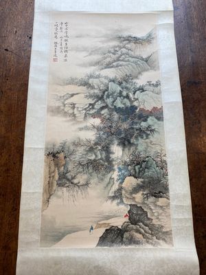 Wang Jiqian 王季遷 (1906-2003): 'Landschap met waterval', inkt en kleur op papier, gedateerd 1996 — foto 1