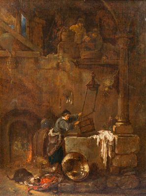 Willem Kalf (1619/22-1693, attribué à): 'Servante au puits', huile sur panneau