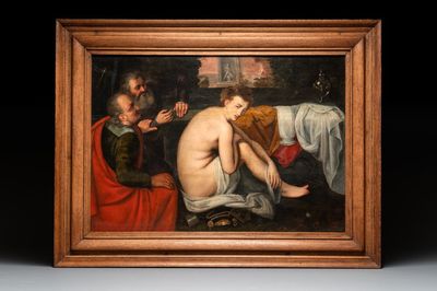 Workshop of Frans Floris (1519/20-1570): 'Suzanna and the elders', oil on panel, 16th C.