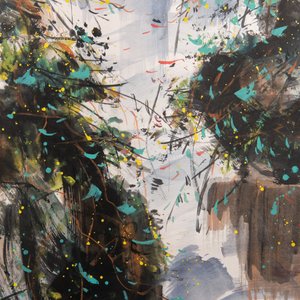 Wu Guanzhong 吴冠中 (1919-2010): 'A corner of the courtyard', ink and colour on paper, dated 1991 — photo 6