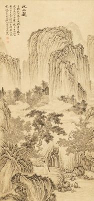 Wu Hufan (China, 1894-1968): Berglandschap met figuur, inkt op papier, gemonteerd op rol