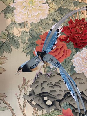 Yi Ting 彝庭, Gong Yin 宮音 and Zhang Mingxuan 張明軒 : 'Mountainous landscape', 'Peonies' and 'Grapes', ink and colour on paper and silk, 20th C. — photo 4