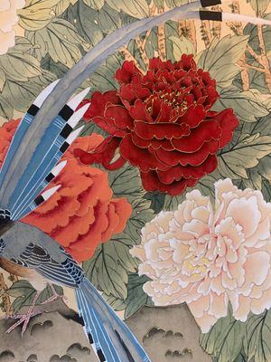Yi Ting 彝庭, Gong Yin 宮音 and Zhang Mingxuan 張明軒 : 'Mountainous landscape', 'Peonies' and 'Grapes', ink and colour on paper and silk, 20th C. — photo 5