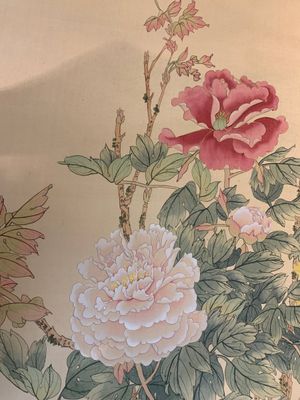 Yi Ting 彝庭, Gong Yin 宮音 and Zhang Mingxuan 張明軒 : 'Mountainous landscape', 'Peonies' and 'Grapes', ink and colour on paper and silk, 20th C. — photo 6