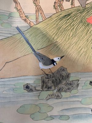 Yi Ting 彝庭, Gong Yin 宮音 and Zhang Mingxuan 張明軒 : 'Mountainous landscape', 'Peonies' and 'Grapes', ink and colour on paper and silk, 20th C. — photo 7