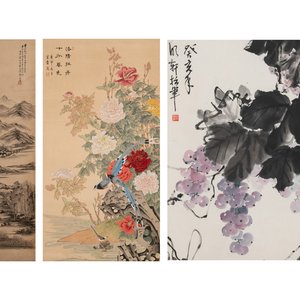 Yi Ting 彝庭, Gong Yin 宮音 and Zhang Mingxuan 張明軒 : 'Mountainous landscape', 'Peonies' and 'Grapes', ink and colour on paper and silk, 20th C. — photo 1