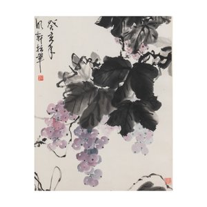 Yi Ting 彝庭, Gong Yin 宮音 and Zhang Mingxuan 張明軒 : 'Mountainous landscape', 'Peonies' and 'Grapes', ink and colour on paper and silk, 20th C. — photo 15