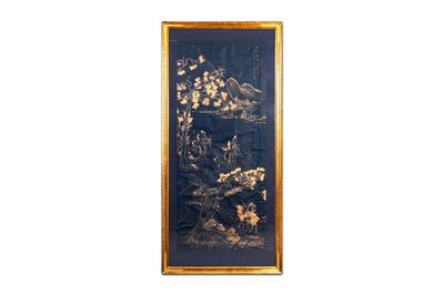 Yu Zhiding 禹之鼎 (1647-1716): 'Shoulao rencontre des déesses', encre doré et argenté sur papier indigo, datée 1696
