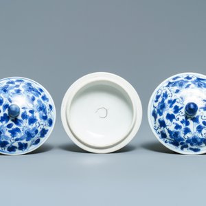 Zes Chinese blauw-witte (deksel-)koppen en schotels, Kangxi — foto 6