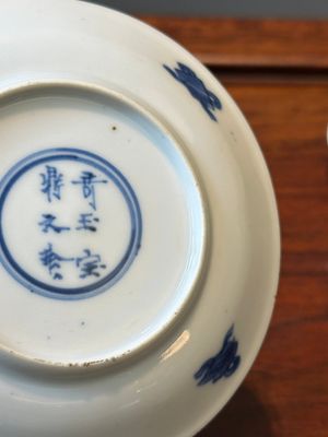 Zes Chinese blauw-witte koppen en schotels met 'Lange Lijzen', diverse merken, Kangxi — foto 26