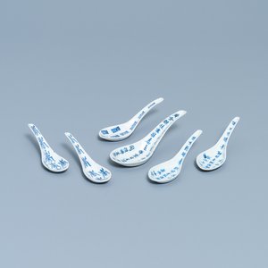 Zes Chinese blauw-witte lepels met gedichten en Shou-karakters, 19/20e eeuw — foto 1