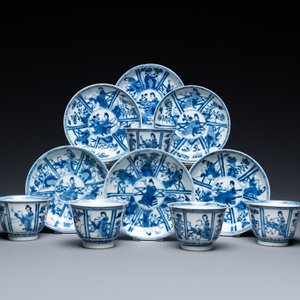 Zes Chinese blauw-witte schotels en vijf koppen, Qi Yu Tang Zhi 奇玉堂製 merk, Kangxi — foto 2