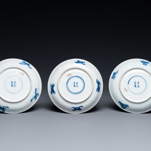 Zes Chinese blauw-witte schotels en vijf koppen, Qi Yu Tang Zhi 奇玉堂製 merk, Kangxi — foto 4