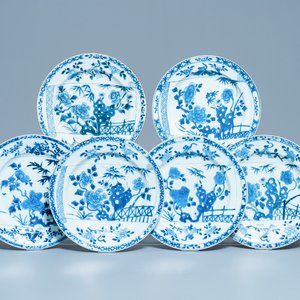 Zes Chinese blauw-witte schotels, Yongzheng/Qianlong — foto 1