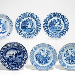 Zes Chinese blauwwitte borden, Kangxi en later — foto 1