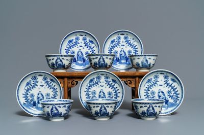 Zes Chinese blauwwitte koppen en vijf schotels met moeder met kind, Kangxi