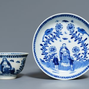 Zes Chinese blauwwitte koppen en vijf schotels met moeder met kind, Kangxi — foto 2