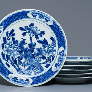 Zes Chinese blauwwitte schotels met feniksen, 19e eeuw — foto 3