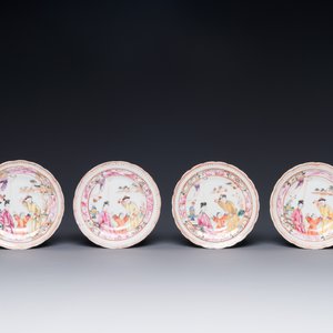 Zes Chinese Canton famille rose koppen en schotels en vier deksels met mandarijns decor, Qianlong — foto 2