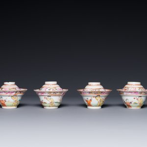 Zes Chinese Canton famille rose koppen en schotels en vier deksels met mandarijns decor, Qianlong — foto 4