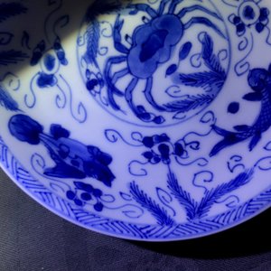 Zes Chinese celadon en blauwwitte koppen en schotels met krabben en vissen, Kangxi — foto 12