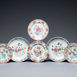 Zes Chinese famille rose borden met hanen en florale decors, Qianlong — foto 1