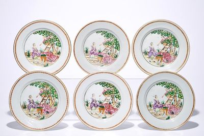Zes Chinese famille rose borden met kersenplukkers, Qianlong