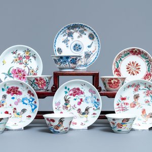 Zes Chinese famille rose en Imari-stijl koppen en schotels, Yongzheng/Qianlong — foto 1