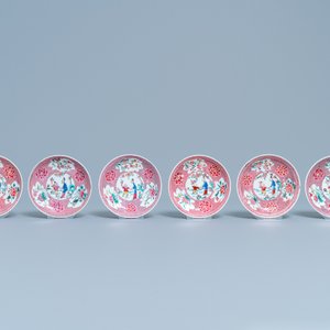 Zes Chinese famille rose koppen en schotels met een dame en een jongen, Yongzheng/Qianlong — foto 2