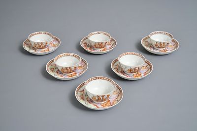Zes Chinese famille rose koppen en schotels met Europese schepen, Qianlong