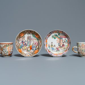 Zes Chinese famille rose koppen en schotels met mandarijns decor, Qianlong — foto 3