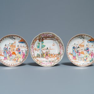 Zes Chinese famille rose koppen en schotels met mandarijns decor, Qianlong — foto 5